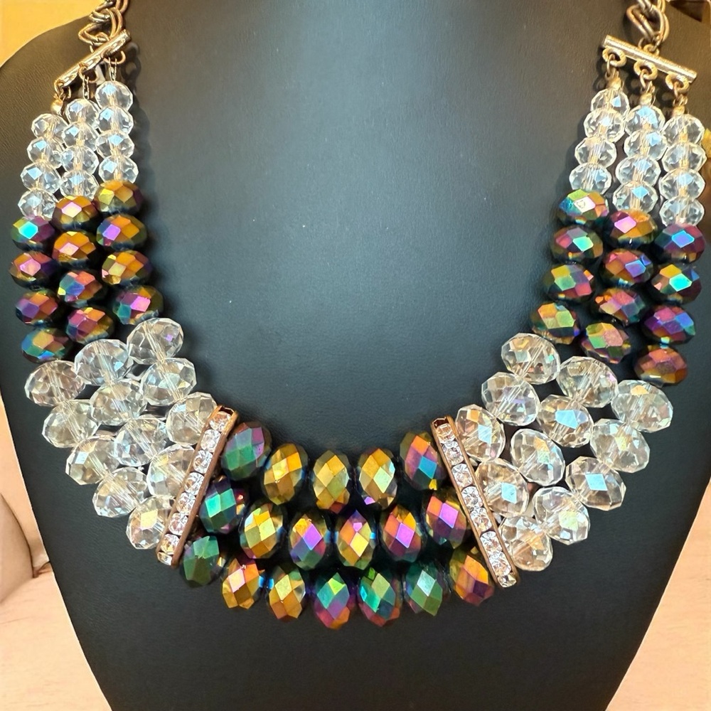 Bold Statement Multi Strand Aurora Borealis Faceted Bead Necklace 20-23”